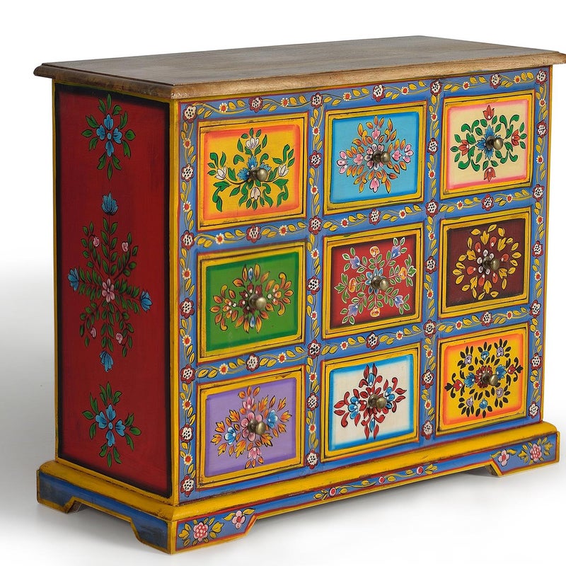 Komoda z drewna manguier z wielobarwnymi detalami i głównymi kolorami