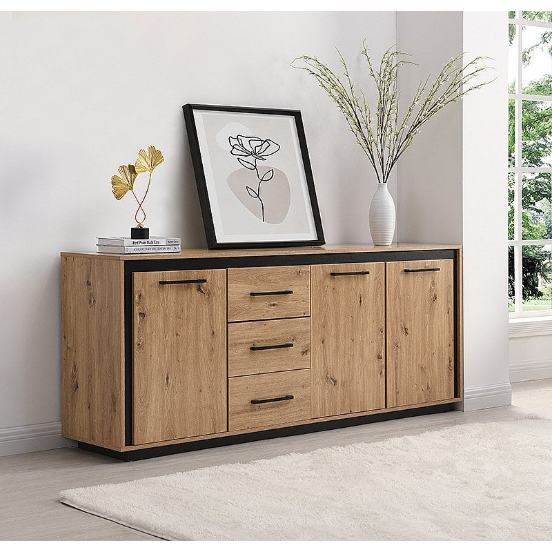 Komoda 3-drzwiowa z 3 szufladami, z MDF-u – kolor naturalny i czarny - NALAMANE