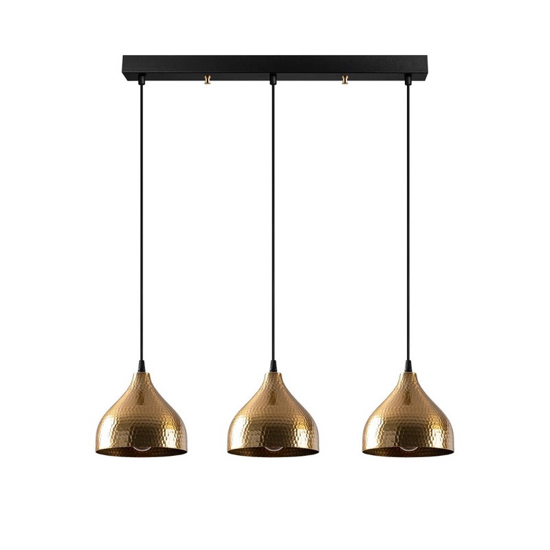 Asney 3-światłowa skandynawska liniowa lampa wisząca z wytłaczanym złotym abażurem o geometrycznych kształtach