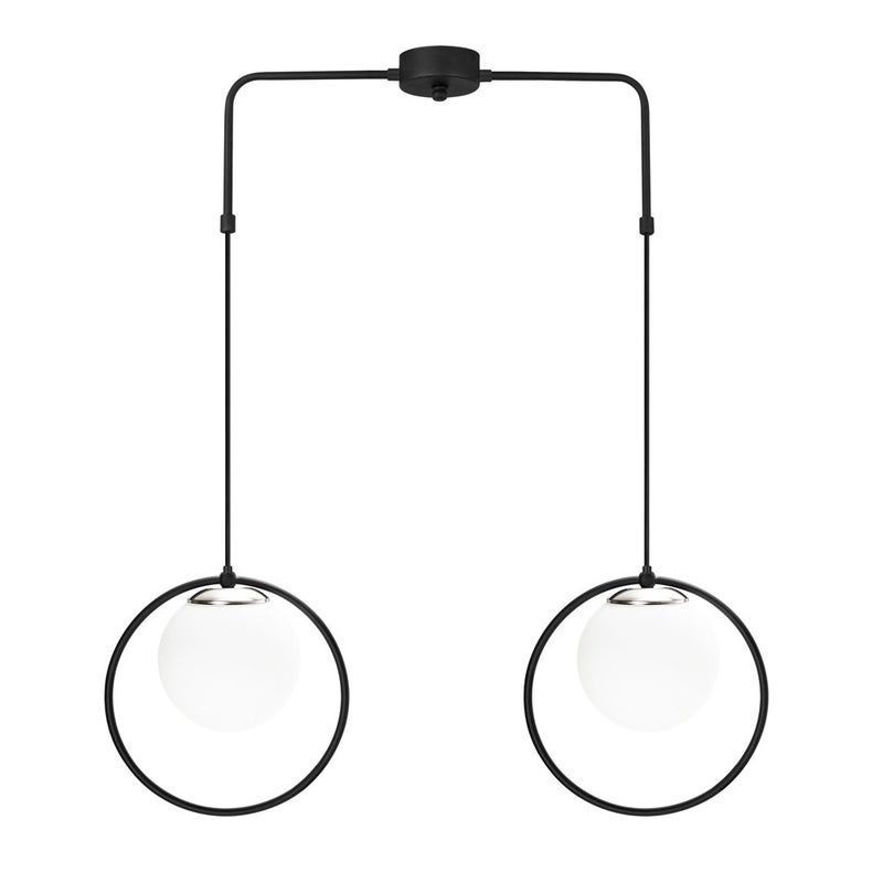 2-punktowa listwa sufitowa Nordic Escott z czarnymi pierścieniami i białymi szklanymi kulami wewnątrz