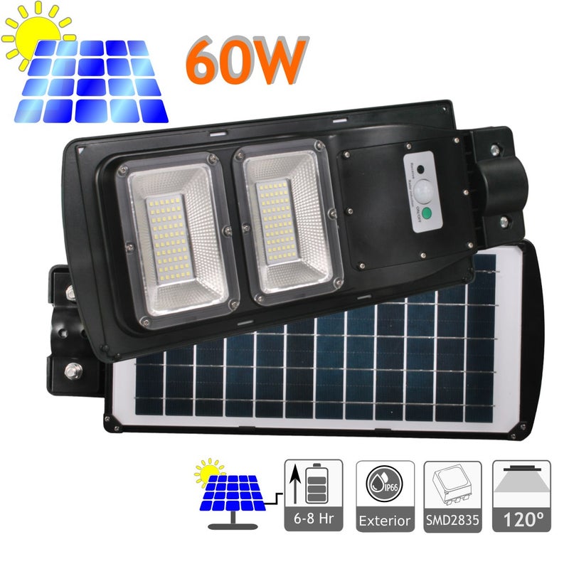 Lampa uliczna LED 60 W Solarowa zewnętrzna IP67 Zintegrowany panel 120 LED 850 lumenów 6600 K zimna biel, pilot zdalnego sterowania