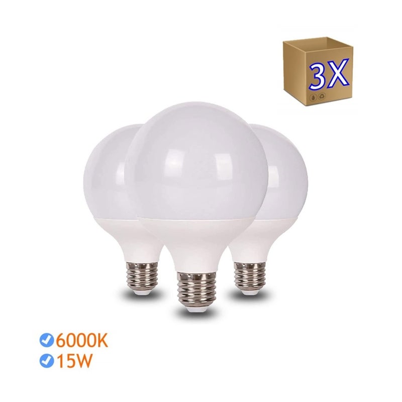 Zestaw 3 żarówek LED Globe, gwint G95 E27, 15W 1700 lumenów, chłodne białe światło 6000K