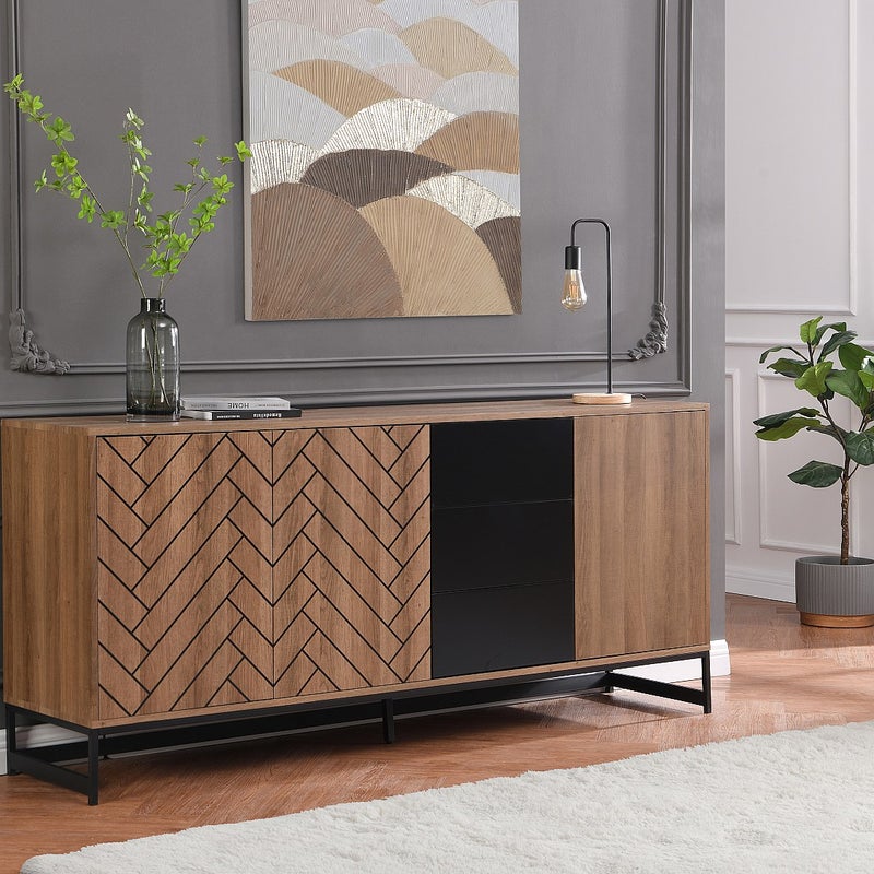 Komoda 3-drzwiowa z 3 szufladami, z MDF – kolor naturalny i czarny – CARATANA