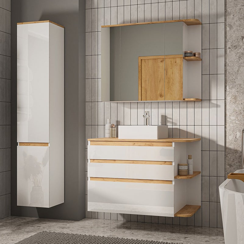 Szafka pod umywalkę wisząca - Kolor jasny naturalny i biały - 96 cm- ANIDA