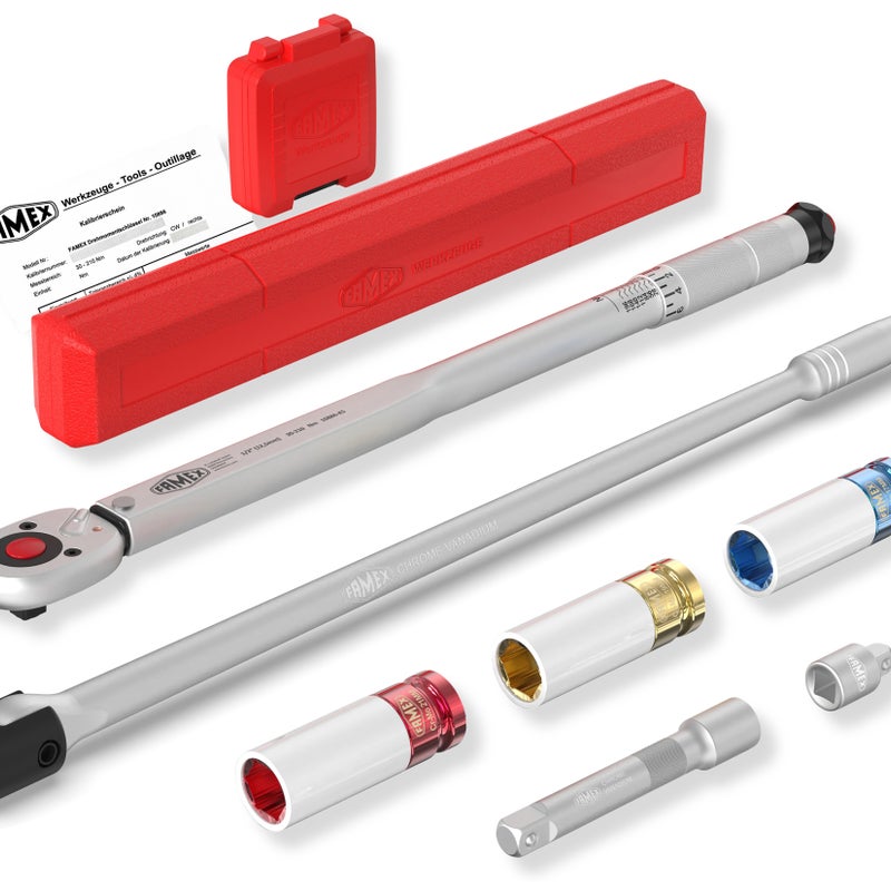 FAMEX 10905 Klucz dynamometryczny do samochodu –-zestaw do wymiany kół 1/2 cala - 30-210 Nm, tolerancja +/- 3%