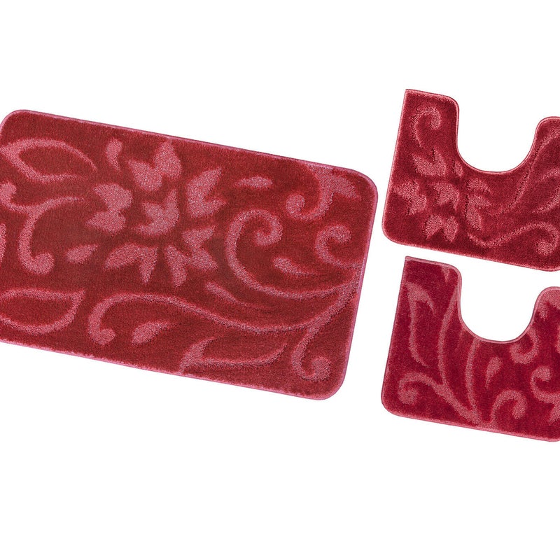 Dywanik łazienkowy Zestaw 3 Sztuk Jednolity Kolor Antypoślizgowy Girowater Chłonny Miękki Burgundowy