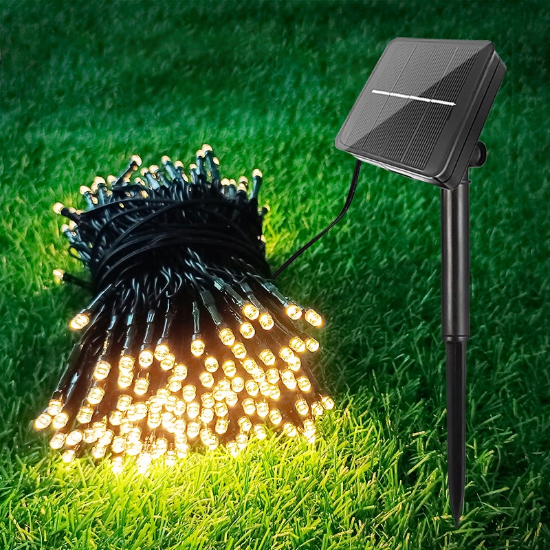 Girlanda LED 20m 200 diod z panelem słonecznym 8 funkcji, ciepła biel 3000K, akumulator 1200mA, wodoodporna