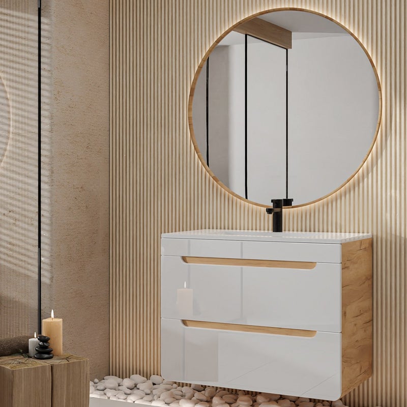 Szafka łazienkowa wisząca z umywalką do zabudowy – kolor naturalny i biały – 80 cm – ARUBA