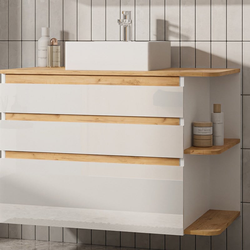 Meble łazienkowe ścienne z jedną umywalką - Jasny naturalny i biały - 94 cm - ANIDA