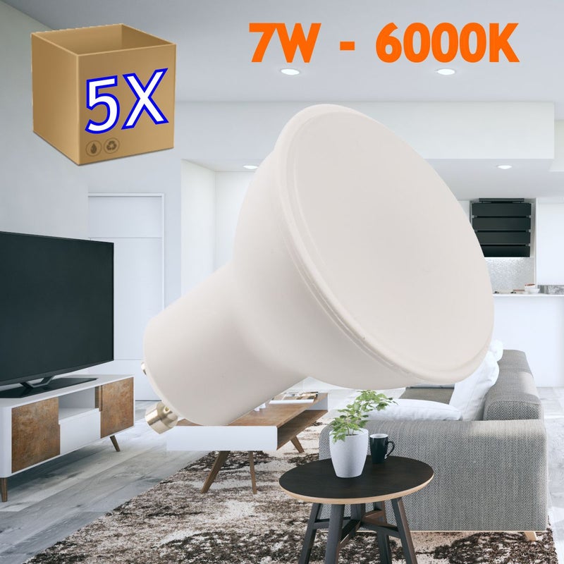 Zestaw 5 żarówek LED GU10 o mocy 7 W (odpowiednik 50 W), barwa chłodnobiała 6000 K, 650 lumenów