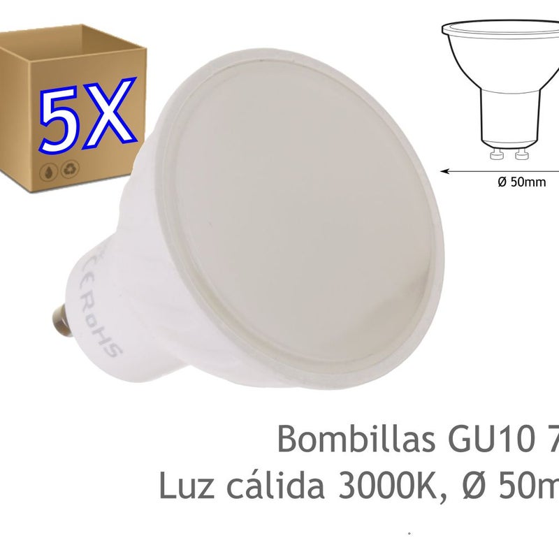 Zestaw 5 żarówek LED GU10 o mocy 7 W (odpowiednik 50 W), ciepła biel 3000 K, 650 lumenów