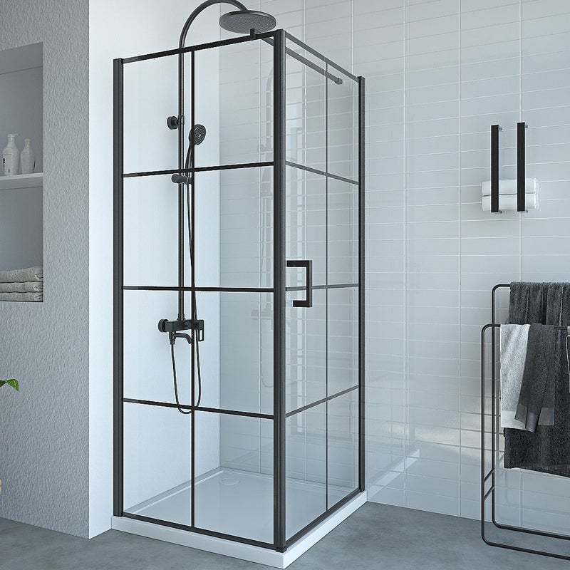 VENTE-UNIQUE Parawan prysznicowy stały z drzwiami obrotowymi w kolorze czarnym matowym - 80 x 80 x 190 cm - CAPARICA