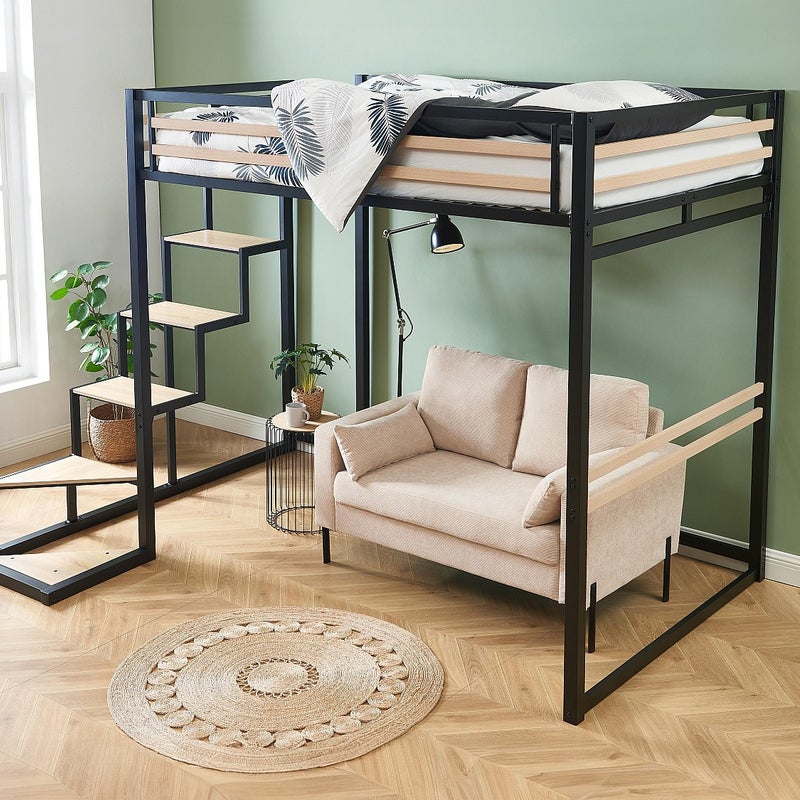 Łóżko antresola 140 × 200 cm – metal i MDF – kolor czarny i naturalny – JOGUI