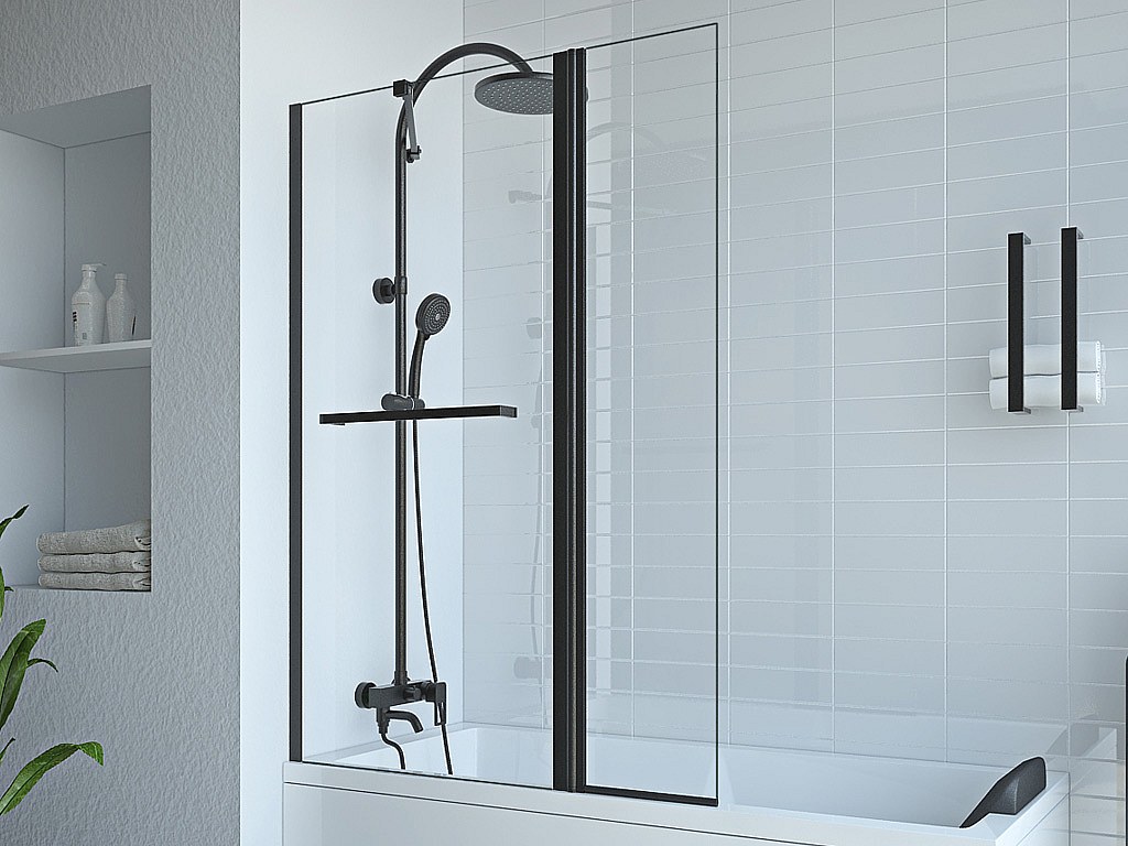 VENTE-UNIQUE Parawan nawannowy z wieszakiem na ręczniki i obrotowym powrotem w kolorze czarnym matowym - (70 + 30) x 140 cm - PRIMAEL