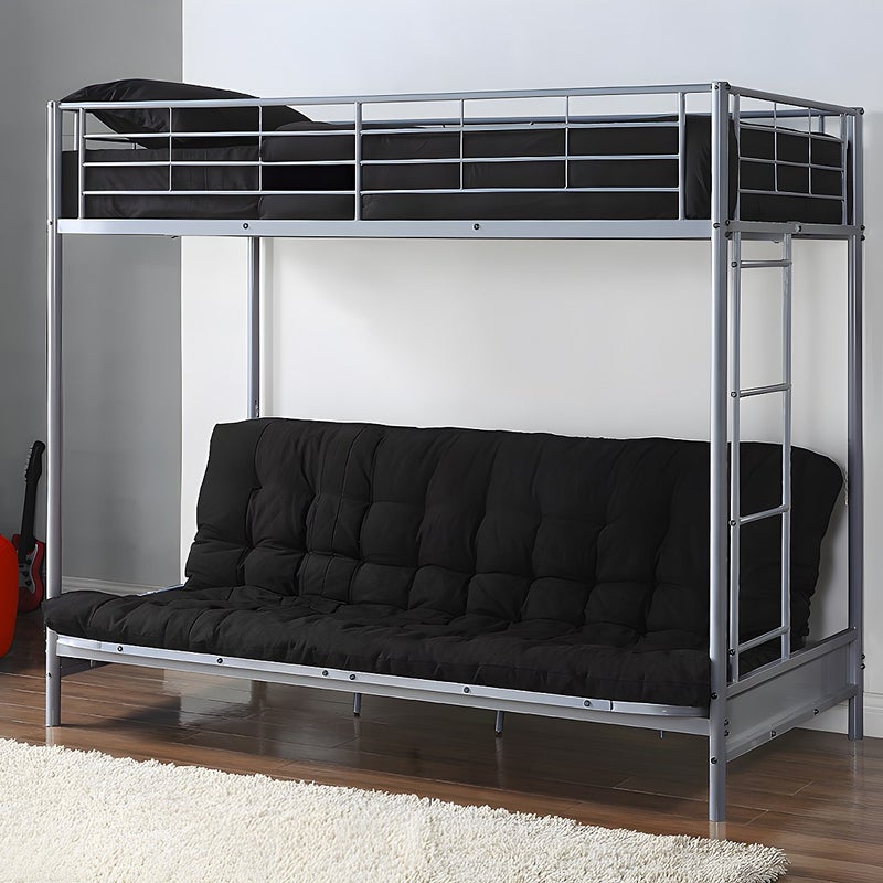 Łóżko na antresoli 90 x 190 cm - Z rozkładaną ławką - Metal - Srebrny + Futon + Materac - MODULO V