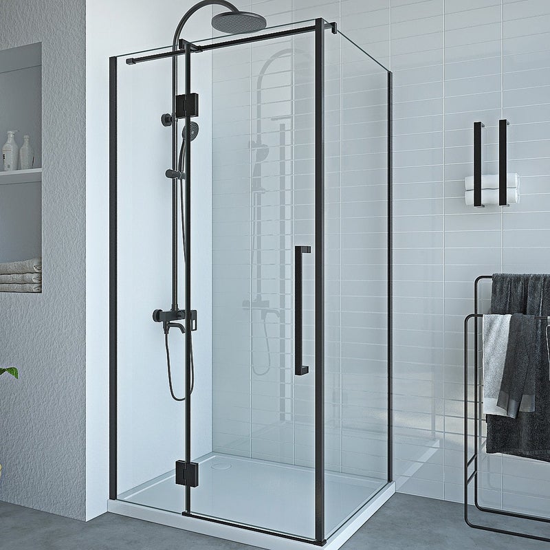 VENTE-UNIQUE Parawan prysznicowy stały z drzwiami obrotowymi w kolorze czarnym matowym w stylu industrialnym - 80 x 100 x 190 cm - CAPARICA