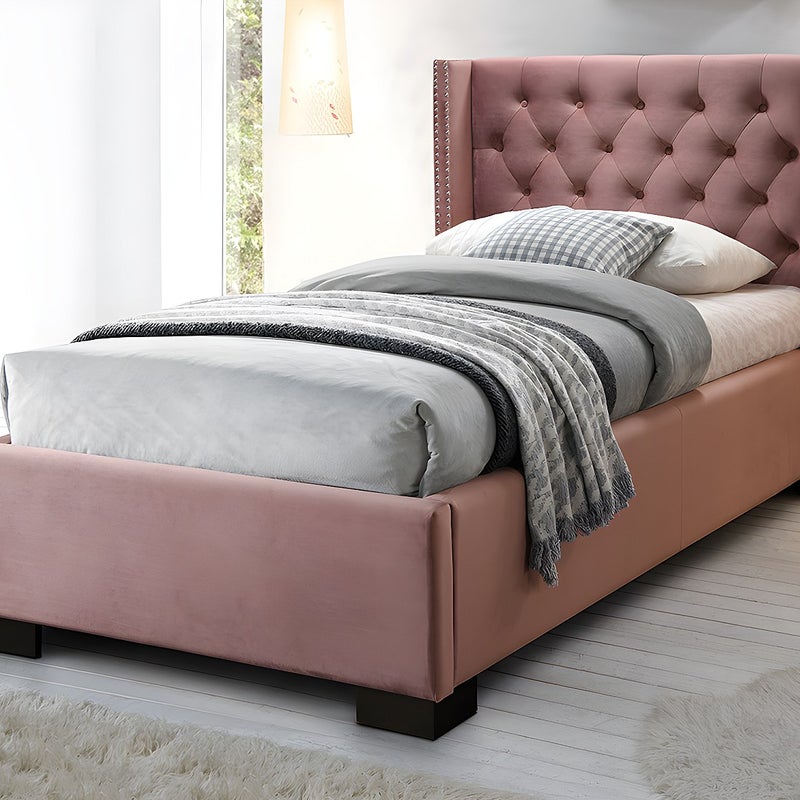 Łóżko MASSIMO z pikowanym zagłówkiem – 90 × 200 cm – welur w kolorze różowym + materac