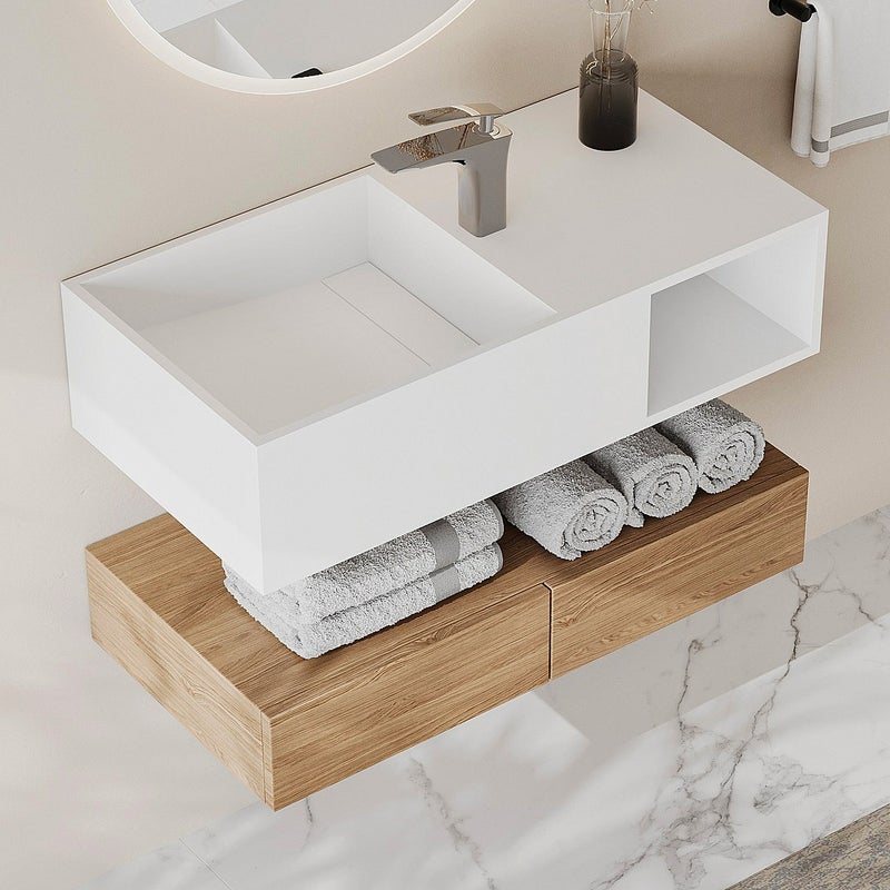 Umywalka wisząca z litą powierzchnią z wnęką – Biała – Szer. 80 x Głęb. 40 x Wys. 20 cm – GOYOKO