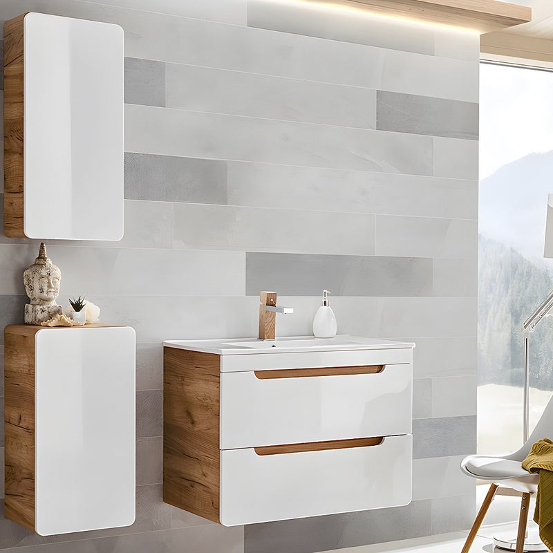 Słupek łazienkowy w kolorze naturalnym i białym – 32 × 35 × 68 cm (dł. × szer. × wys.) – ARUBA