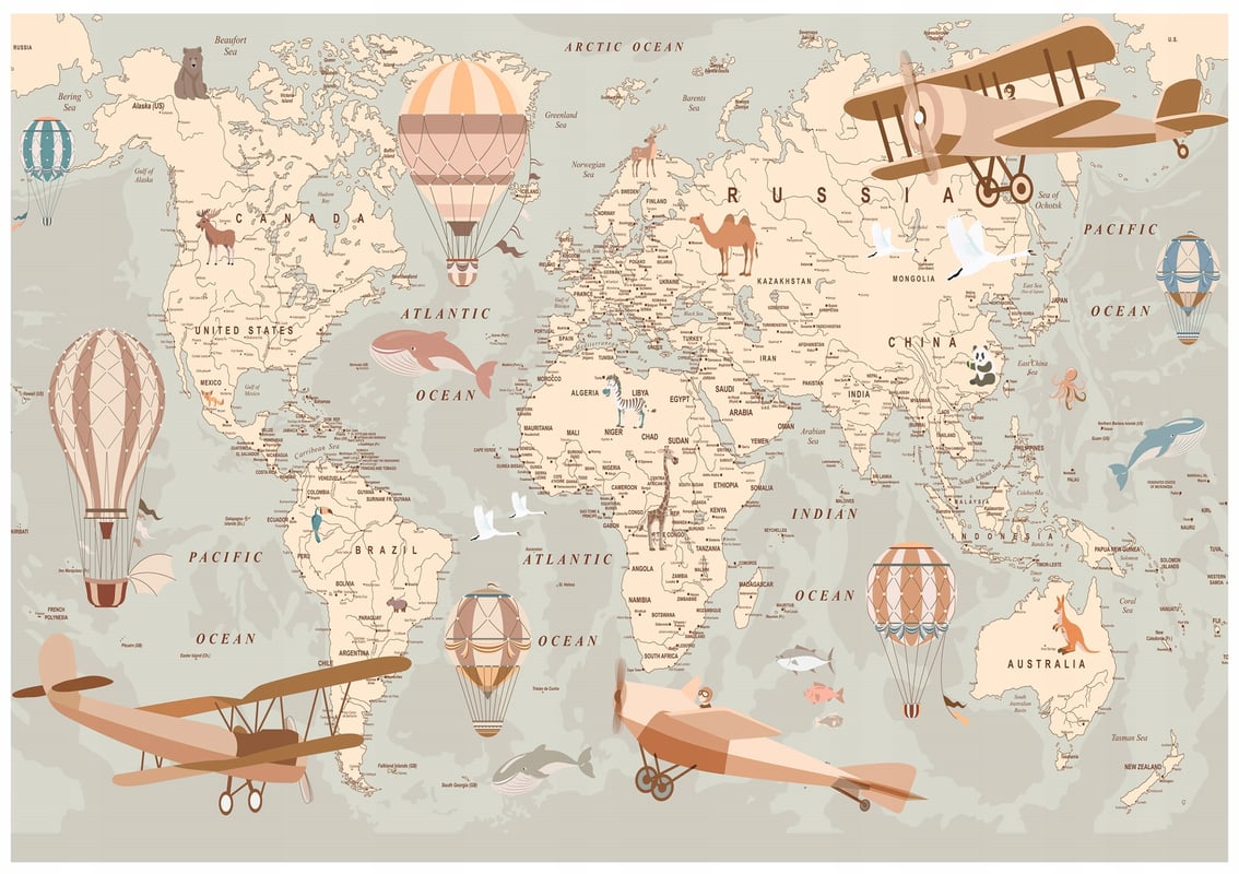 Fototapeta Dla Dzieci Chłopca Dziewczynki Mapa Świata Beżowa 416x254 cm Tapeta Dziecięca Na Flizelinie