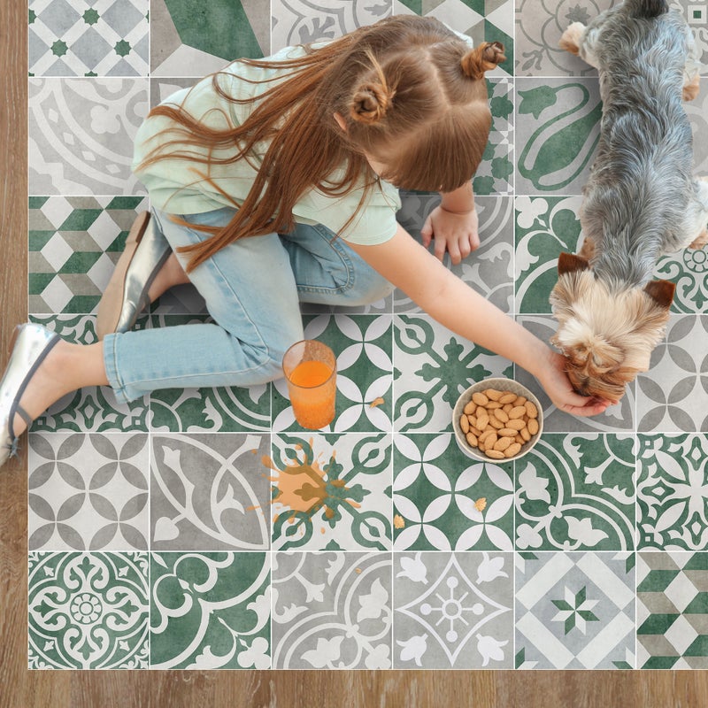 Dywan winylowy antique zielony 133x200 cm - antypoślizgowy PVC, winylowy do kuchni lub salonu, zmywalny, styl hydrauliczny, zielony