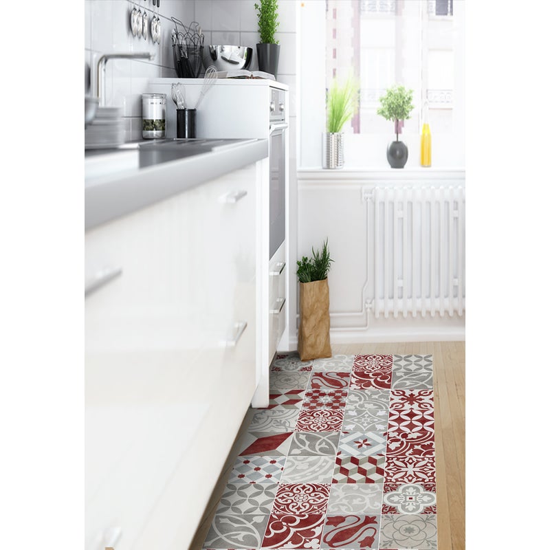 Dywan winylowy antique czerwony 50x140 cm - antypoślizgowy PVC, winylowy do kuchni lub salonu, zmywalny, styl hydrauliczny, czerwony