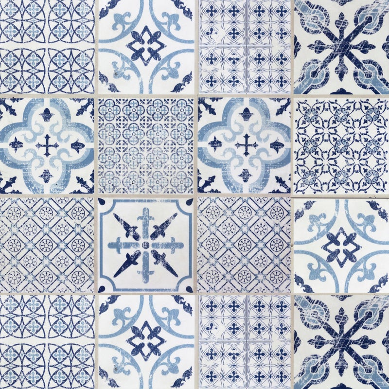 Dywan winylowy Kolaż vintage 66x100 cm - antypoślizgowy PVC, winylowy do kuchni lub salonu, zmywalny, wodoodporny, niebieski