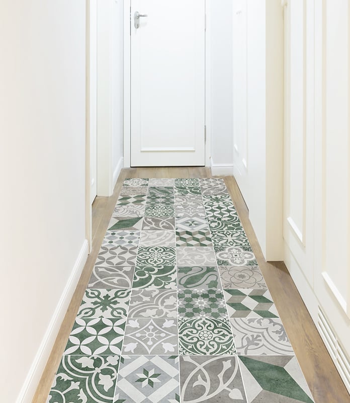 Dywan winylowy antique zielony 66x250 cm - antypoślizgowy PVC, winylowy do kuchni lub salonu, zmywalny, styl hydrauliczny