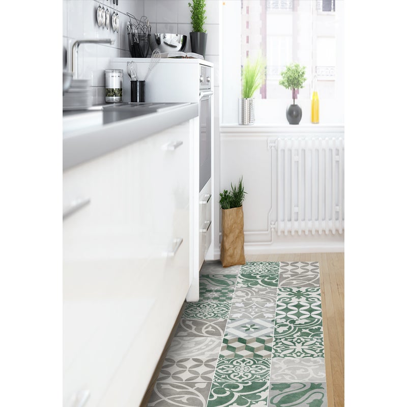 Dywan winylowy antique zielony 50x140 cm - antypoślizgowy PVC, winylowy do kuchni lub salonu, zmywalny, styl hydrauliczny