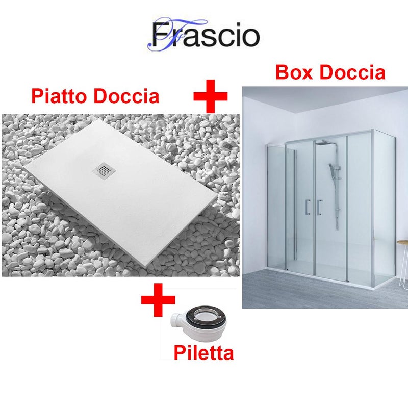 Brodzik Vulcano Line Slim 75x150 cm, biały + kabina prysznicowa 75x150 cm z jedną stałą taflą szkła i centralnym otworem z 4 taflami szkła - FRASCIO