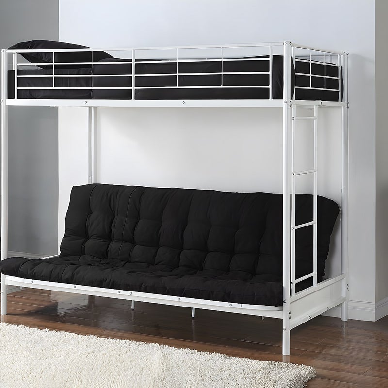 Łóżko na antresoli 90 x 190 cm - Z rozkładaną kanapą - Metal - Kolor biały + czarny futon - MODULO V