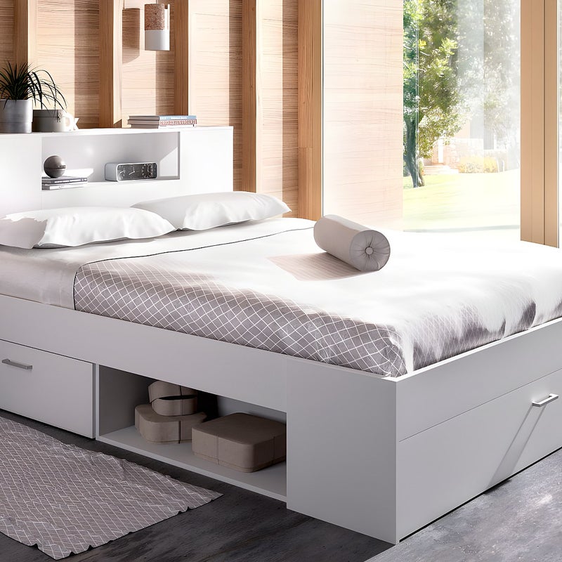 Łóżko ze skrzynią i szufladami - 160 x 200 cm - Kolor: biały + Stelaż - LEANDRE