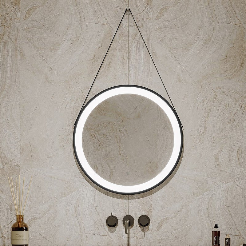 Lustro łazienkowe owalne podświetlane z czarną ramą anti-fog zawieszane - 60x60 cm BORJA