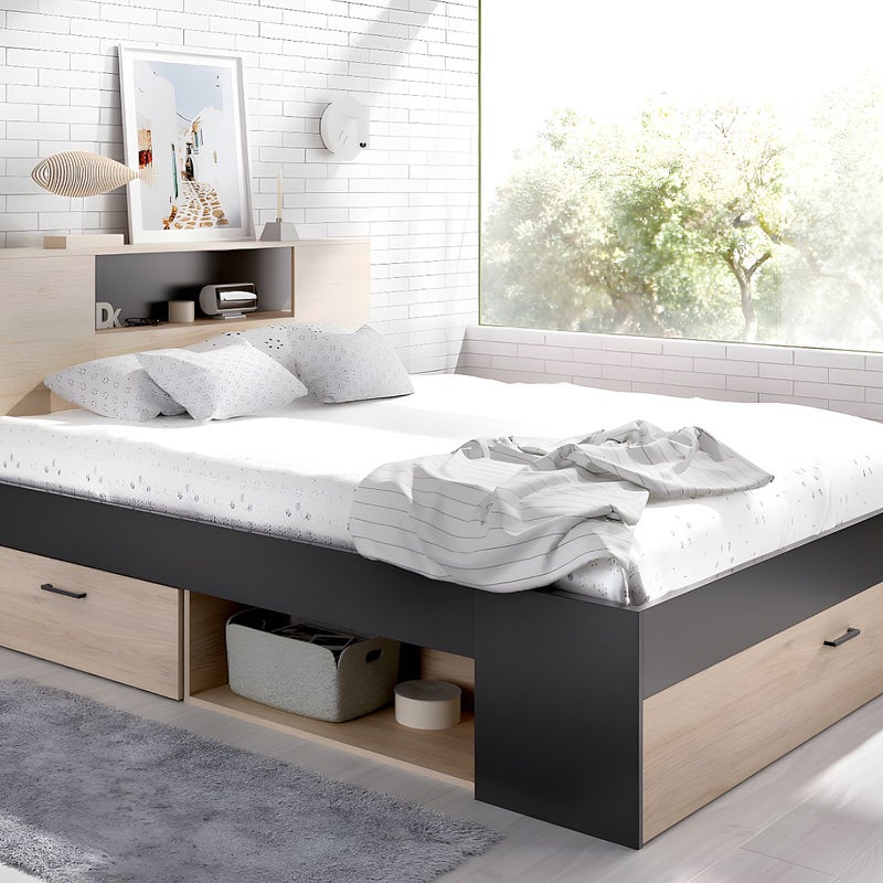 Łóżko ze skrzynią i szufladami - 160 x 200 cm - Kolory: naturalny i antracyt + Stelaż + Materac - LEANDRE