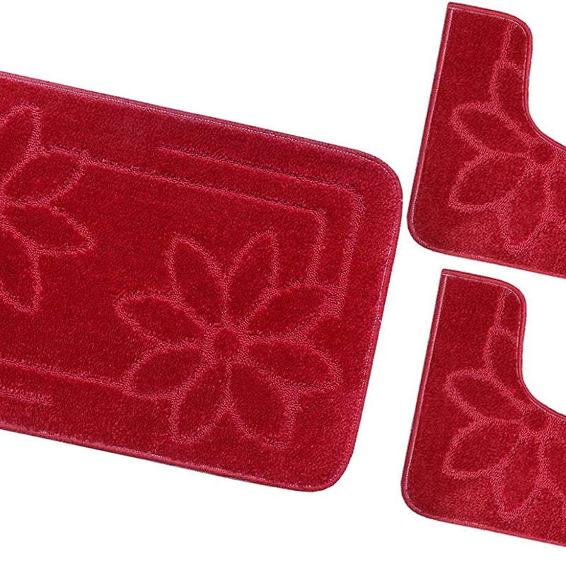 Zestaw 3 dywaników łazienkowych Antypoślizgowy Absorbent Stokrotki Jednolity Kolor Czerwony