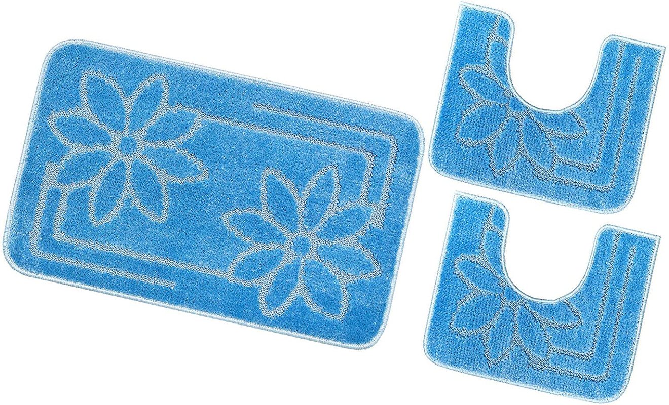 Zestaw 3 dywaników łazienkowych Antypoślizgowy Absorbent Stokrotki Jednolity Kolor Błękitny