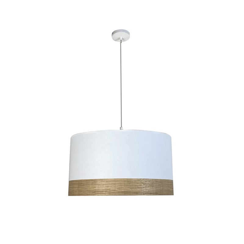 Lampa wisząca Larsvon z białym tekstylnym kloszem i dolną drewnianą listwą ø40 cm