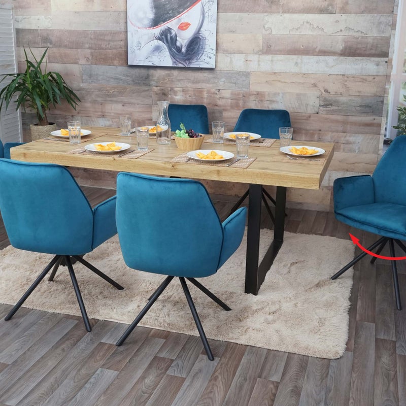 Zestaw 6 krzeseł do jadalni HWC-G67, podłokietnik krzesła kuchennego, automatyczna pozycja obrotowa, aksamit MVG ~ turkusowo-niebieski, czarne nogi