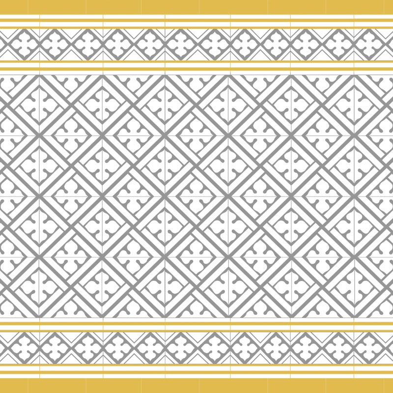 Dywan winylowy Palace mustard and grey 66x100 - antypoślizgowy PVC, winylowy do kuchni lub salonu, zmywalny, styl hydrauliczny