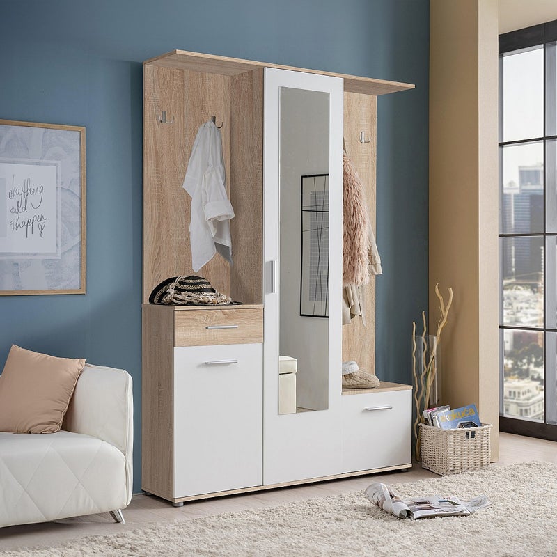 Szafa 3-drzwiowa, 1 szuflada i 1 lustro – Kolor naturalny i biały - CAMOLA