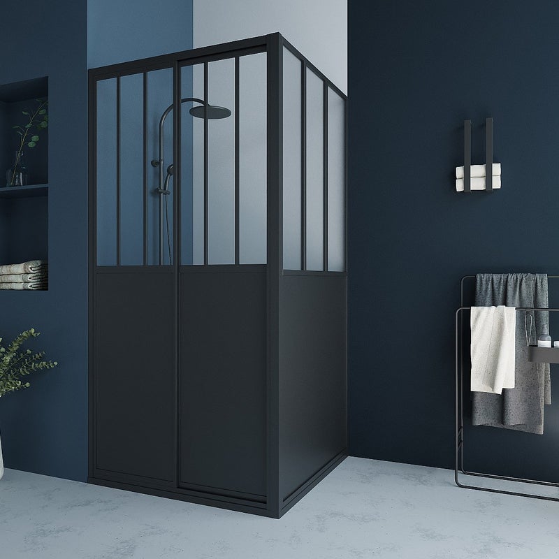 VENTE-UNIQUE Parawan prysznicowy z drzwiami przesuwnymi w kolorze czarnym matowym w stylu industrialnym - 100 x 80 x 195 cm - URBANIK