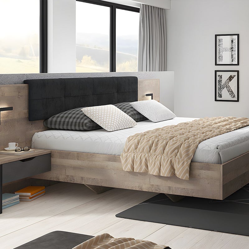 Łóżko z szafkami nocnymi 160 x 200 cm - Z diodami LED - Kolor: Naturalne drewno i antracytowy + Stelaż - LAONILE