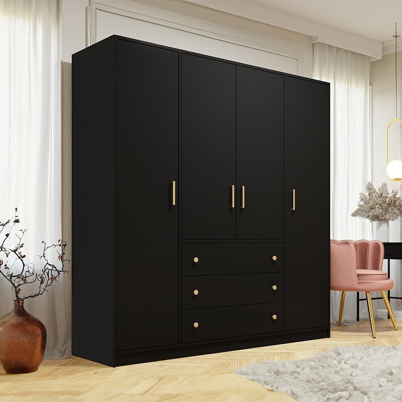 Szafa 4 drzwi i 3 szuflady - Dł.196 cm - Czarna - LIZANDRO