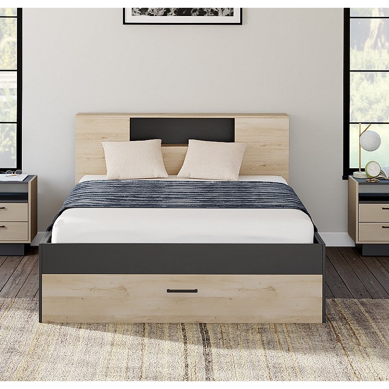Łóżko- z zagłówkiem, ze skrzynią i szufladami –160 × 200 cm – kolor: naturalny i antracytowy z szafkami nocnymi - LEANDRE