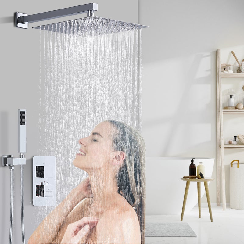 Podtynkowa chromowana kolumna prysznicowa, termostatyczny zestaw prysznicowy 38 ℃ Podtynkowy zestaw prysznicowy Duża kwadratowa głowica prysznicowa