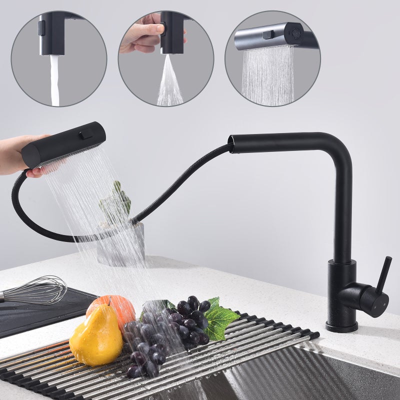 Czarny Kran Kuchenny z Wyciąganą Słuchawką, Baterie Zlewozmywakowa z 3 Trybami Spryskiwania, Jednouchwytowy Kran Kuchenny, Obrotowy o 360°
