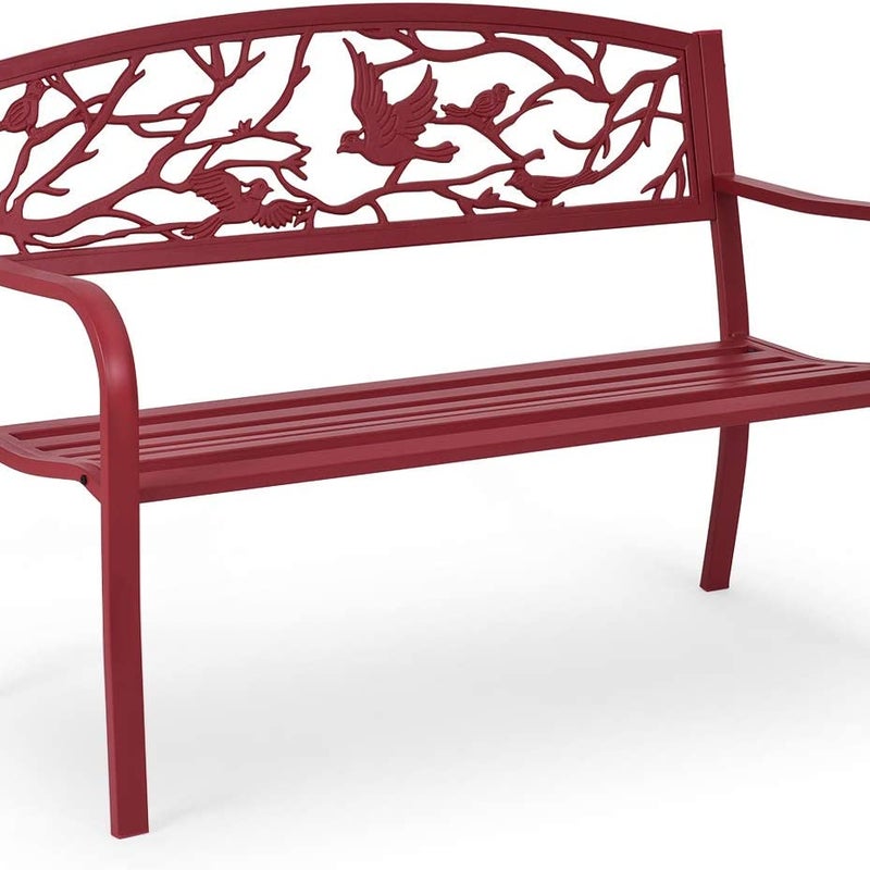 Ławka Ogrodowa Żelazna, Meble Ogrodowe, Stalowa Rama, Ławka do Odpoczynku z Oparciami, Metalowa (Czerwona)