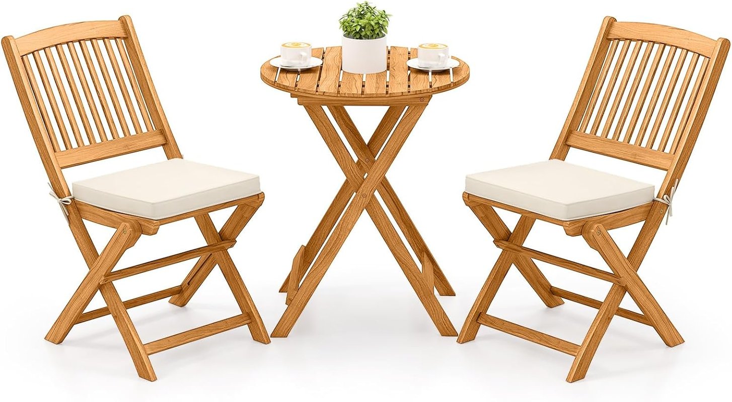 3-częściowy zestaw mebli tarasowych, zestaw mebli ogrodowych, ergonomiczny zestaw do siedzenia z drewna akacjowego z 2 poduszkami, zestaw bistro na