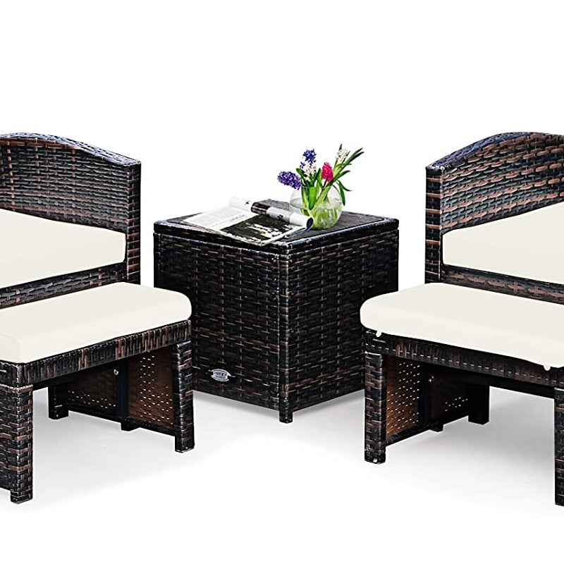 Zestaw mebli ogrodowych z rattanu, meble balkonowe, zestaw z 2 krzesłami z poduszkami, taboret i stół, meble tarasowe, zestaw mebli ogrodowych