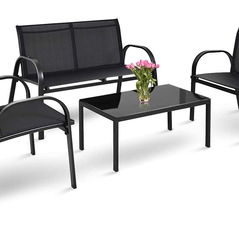 4-częściowy zestaw mebli ogrodowych, meble tarasowe z ławką, 2 krzesła i stolik kawowy, zestaw mebli balkonowych, na taras, do ogrodu (czarny)